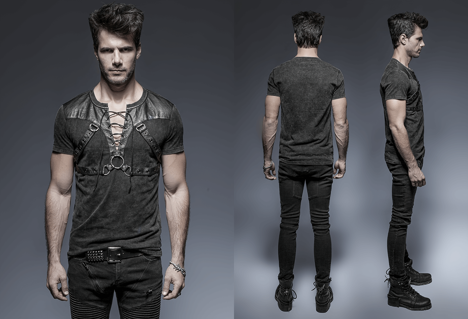 Men's edgy punk rock t-shirt with leather and lace-up detailing, showcasing front and side views.