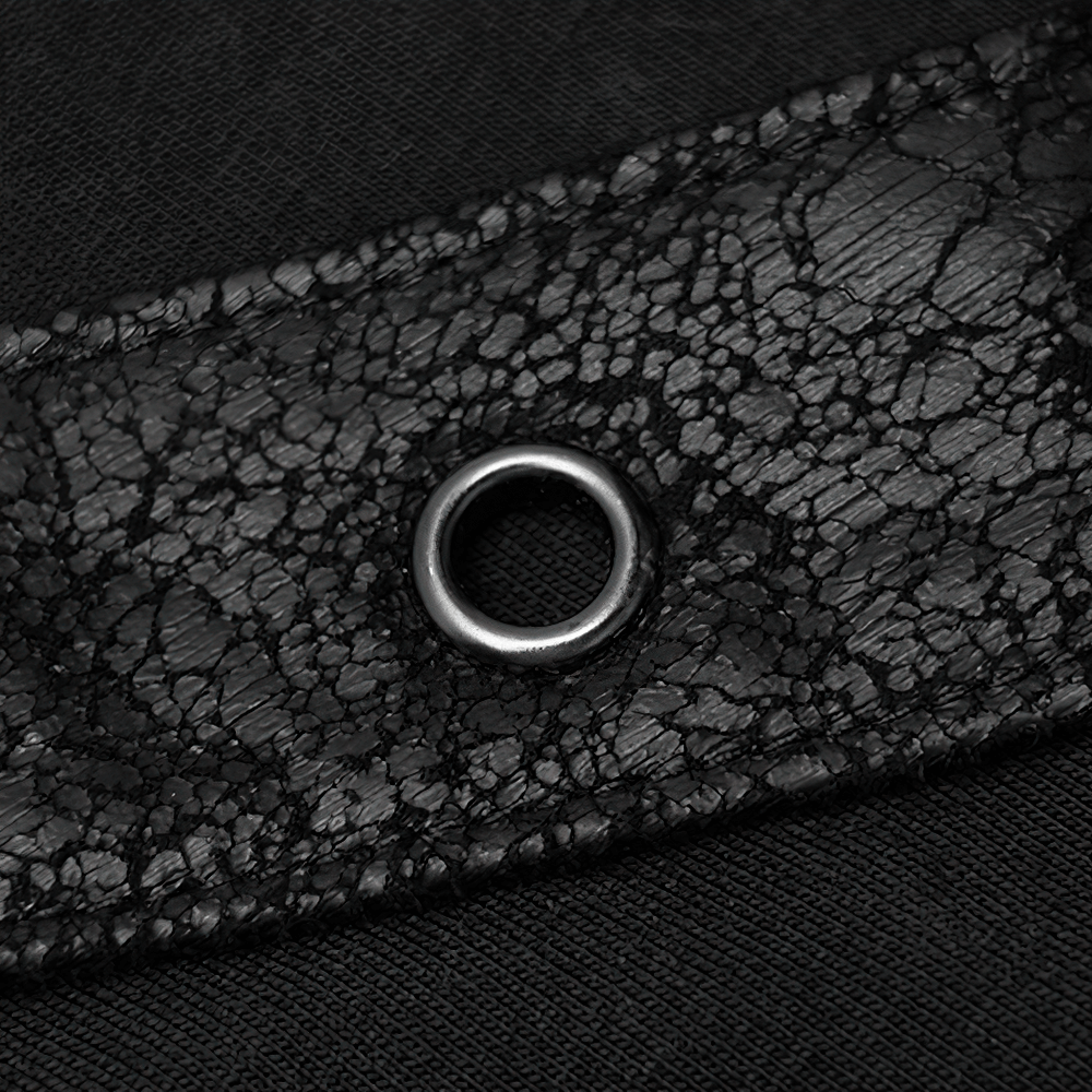 Close-up of edgy black t-shirt lace-up detail with leather-like texture and metal eyelet for punk rock style.