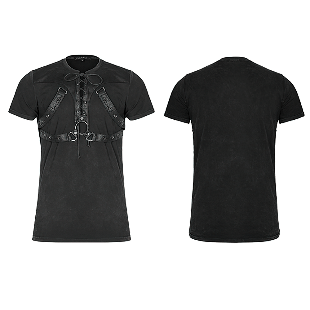Men's black punk rock t-shirt with leather lace-up detail and rope binding for an edgy casual style.