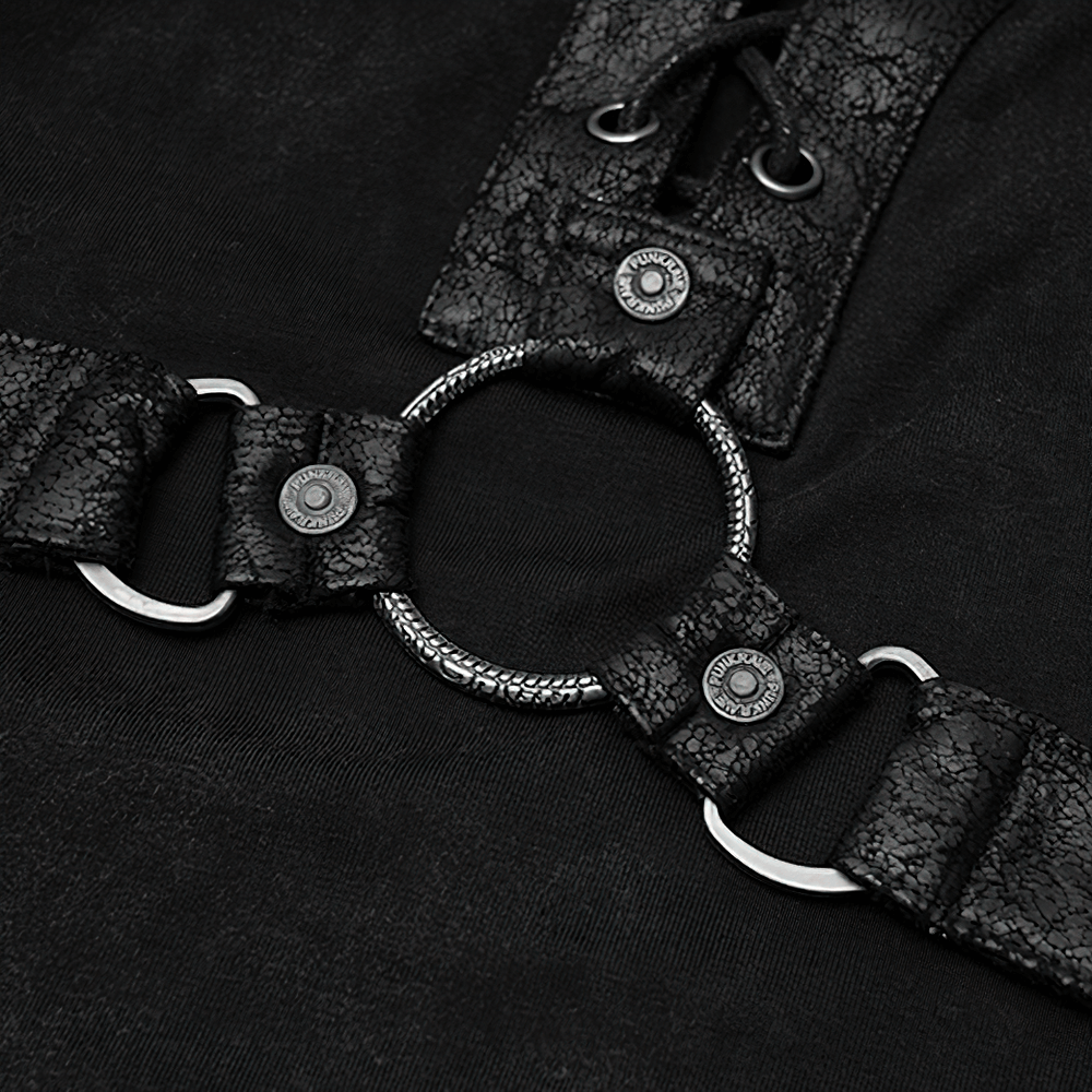 Close-up of edgy punk rock t-shirt featuring leather lace-up details and rope binding on a textured black fabric.