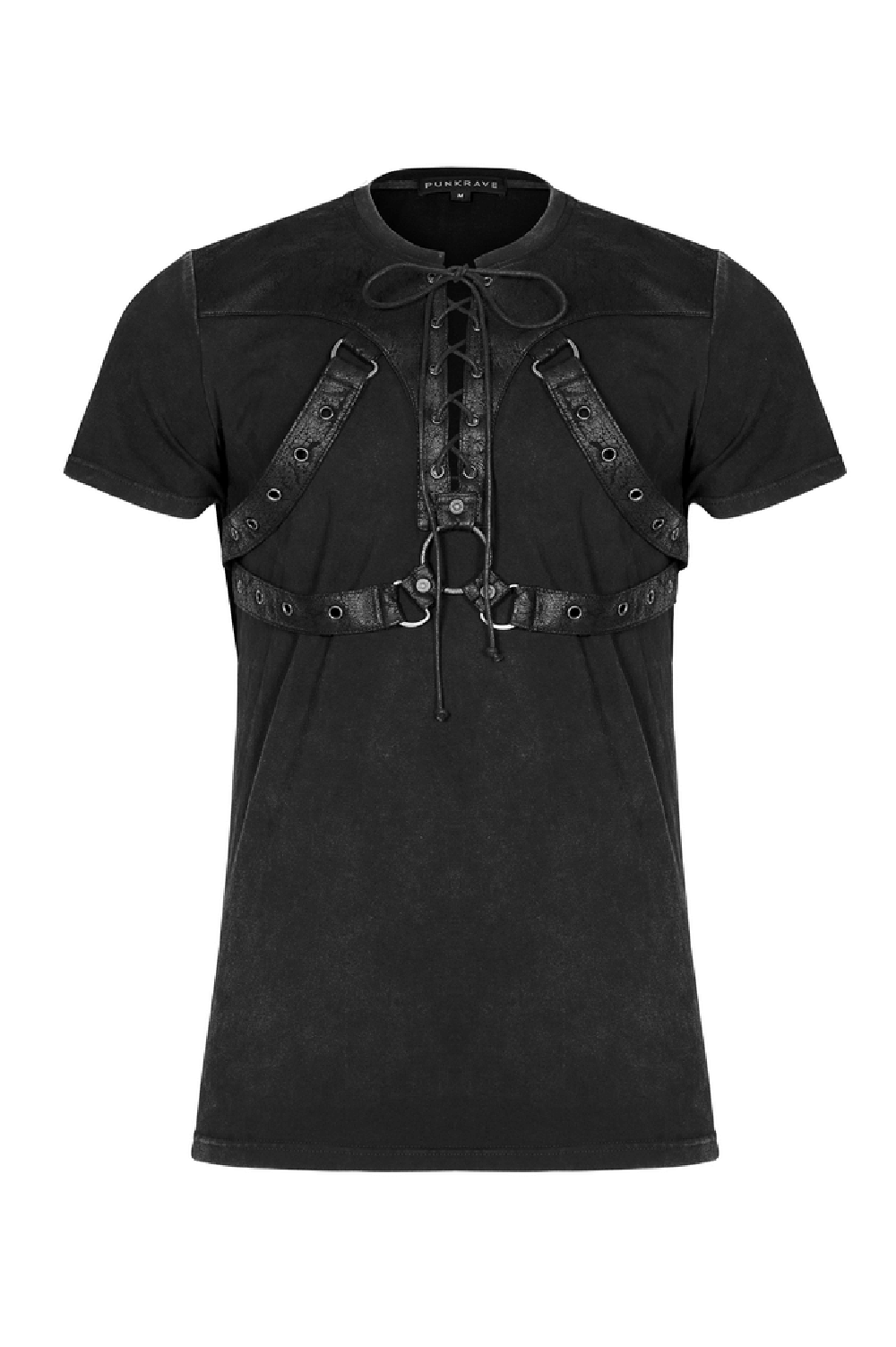 Edgy black punk rock t-shirt featuring lace-up front and leather detailing for a bold street style.