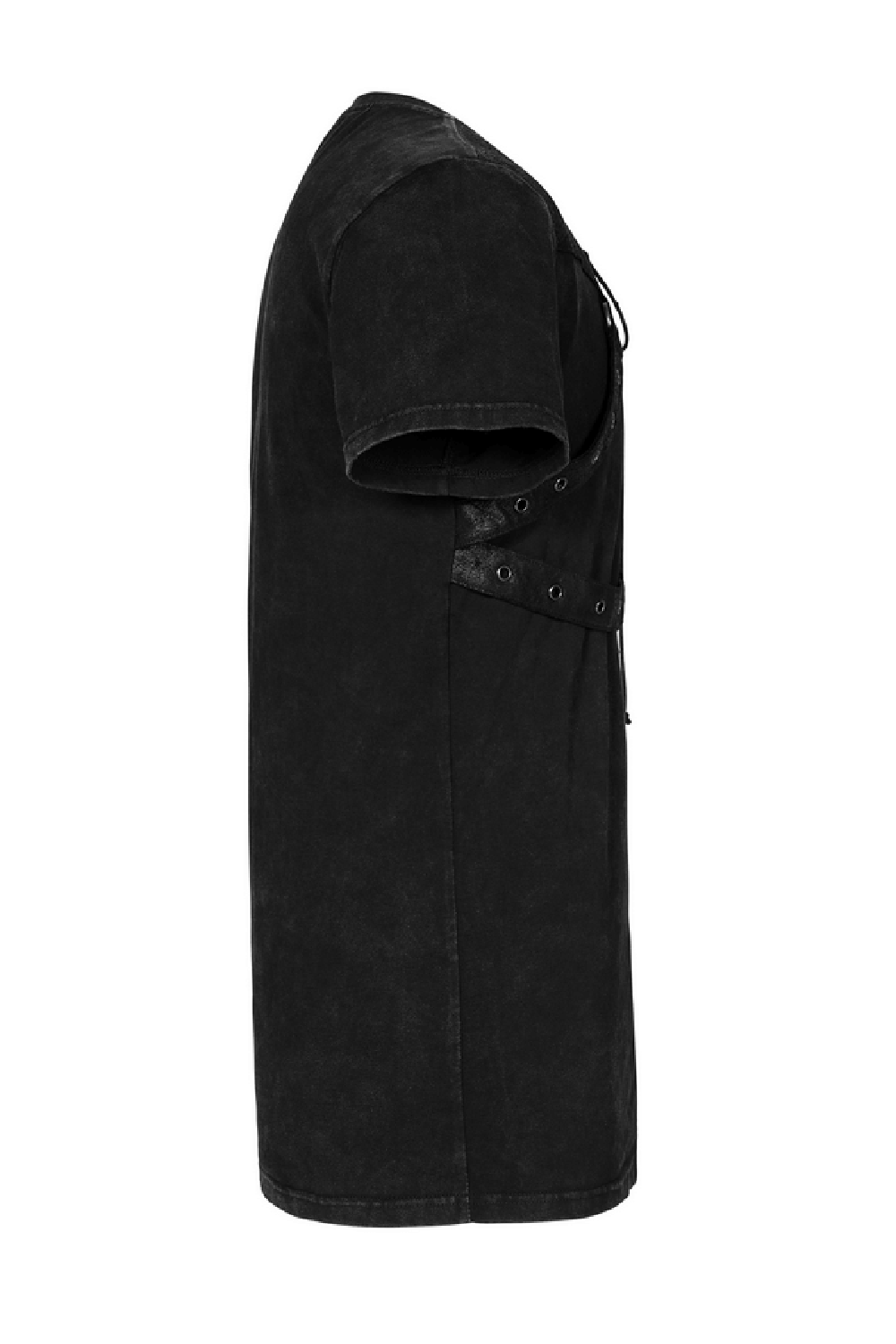 Men's edgy black punk rock t-shirt with leather lace-up detail, perfect for a casual day out.