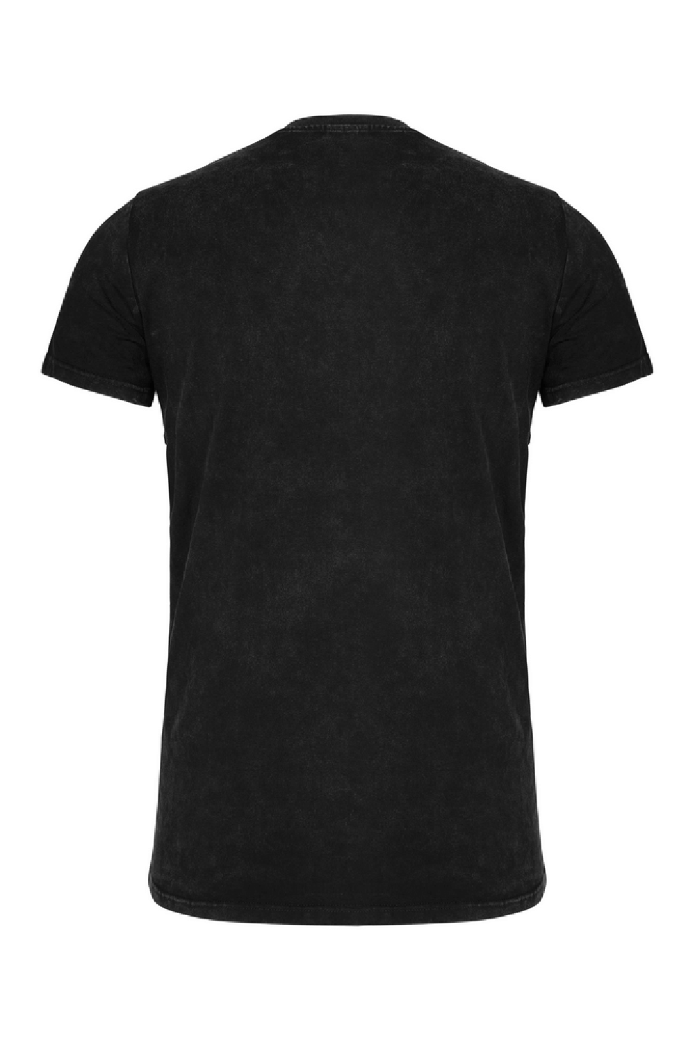 Back view of an edgy men's black t-shirt with leather and rope details, perfect for a punk rock style.
