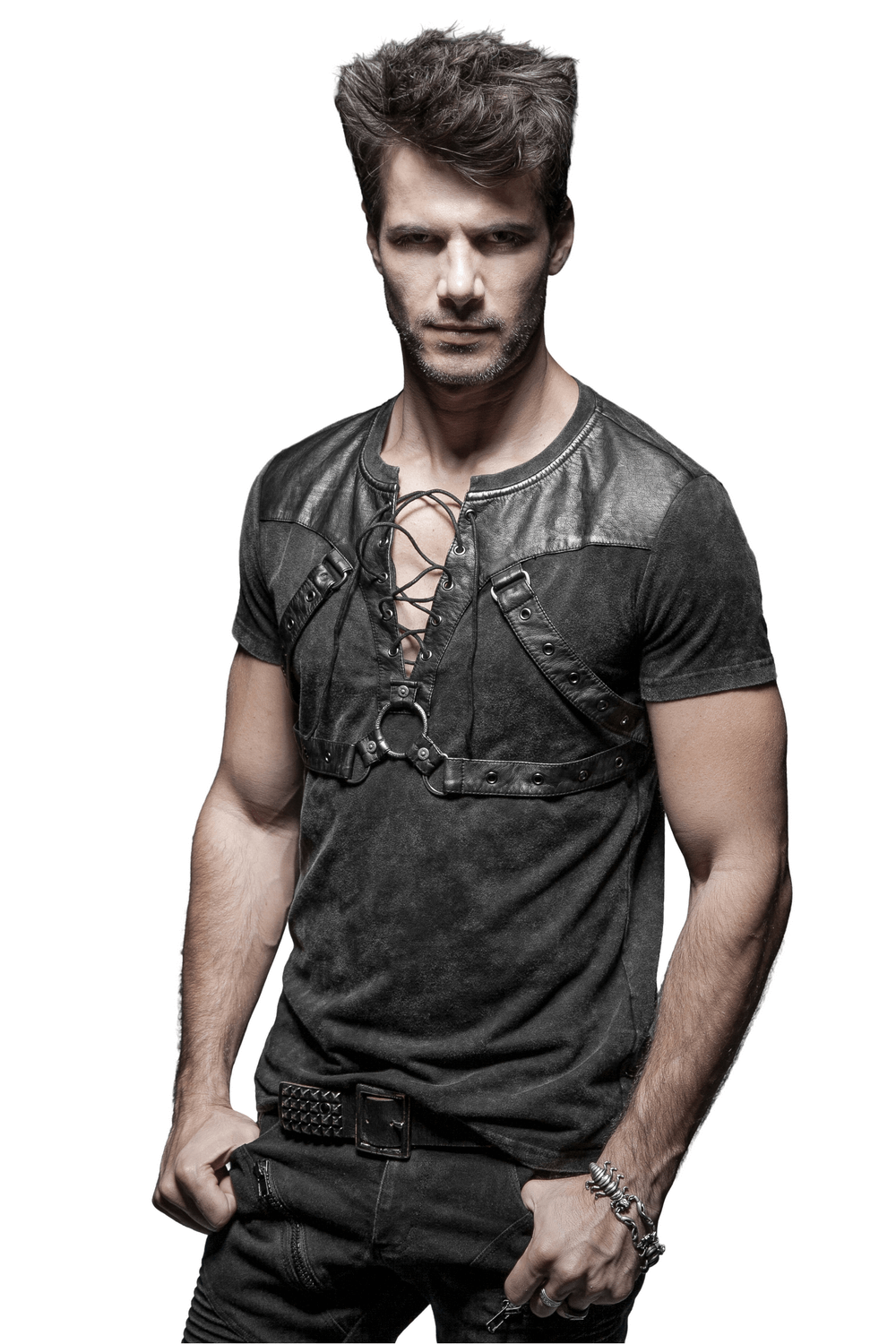 Edgy punk rock men's black t-shirt featuring leather details, lace-up front, and unique rope accents.