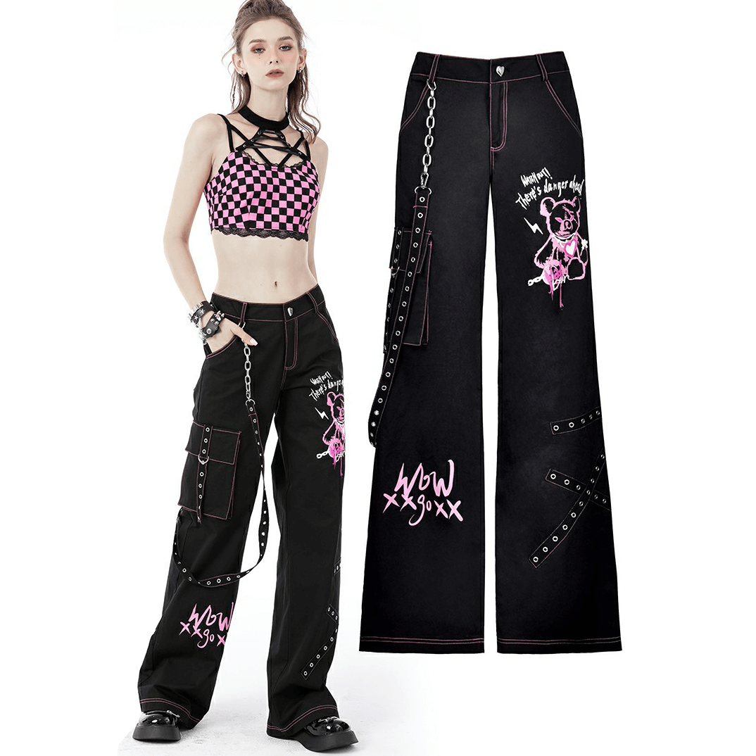 Edgy punk rock wide pants with chains, pink skull detail, perfect for a rebellious look.