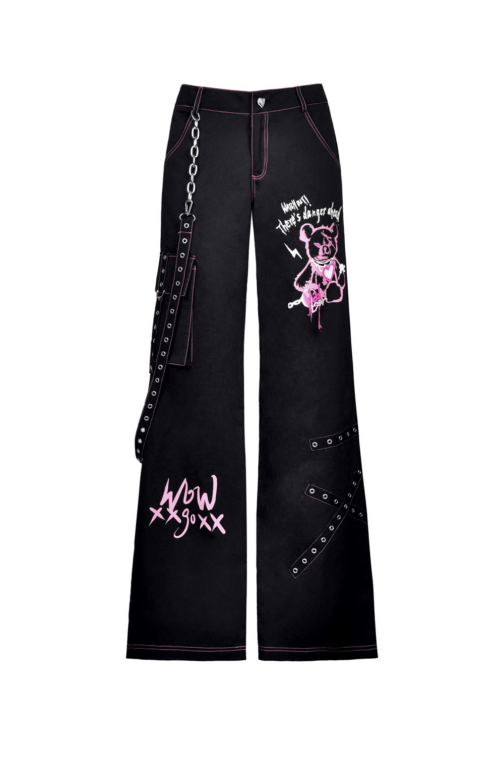 Edgy punk rock wide pants with chains and pink skull graphics, perfect for a rebellious night out.