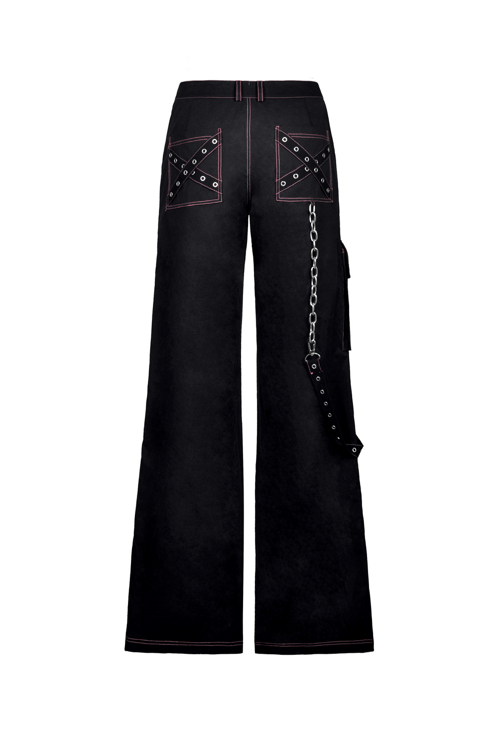 Edgy punk rock wide pants with chains, pockets, and pink skull graphics, perfect for a bold, rebellious look.