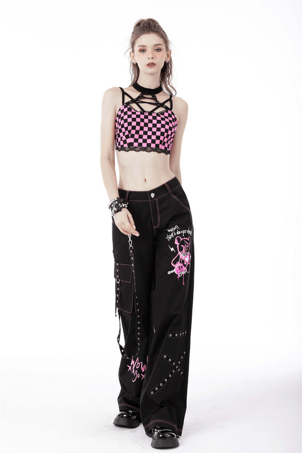 Edgy Punk Rock Wide Pants with Chains and Pockets