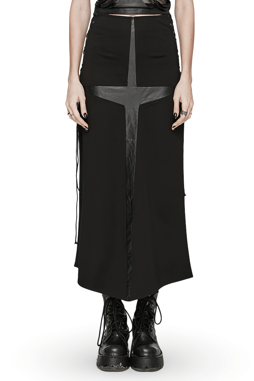 Edgy punk skirt featuring eyelet drawstrings and unique cross splice design, perfect for bold fashion statements.