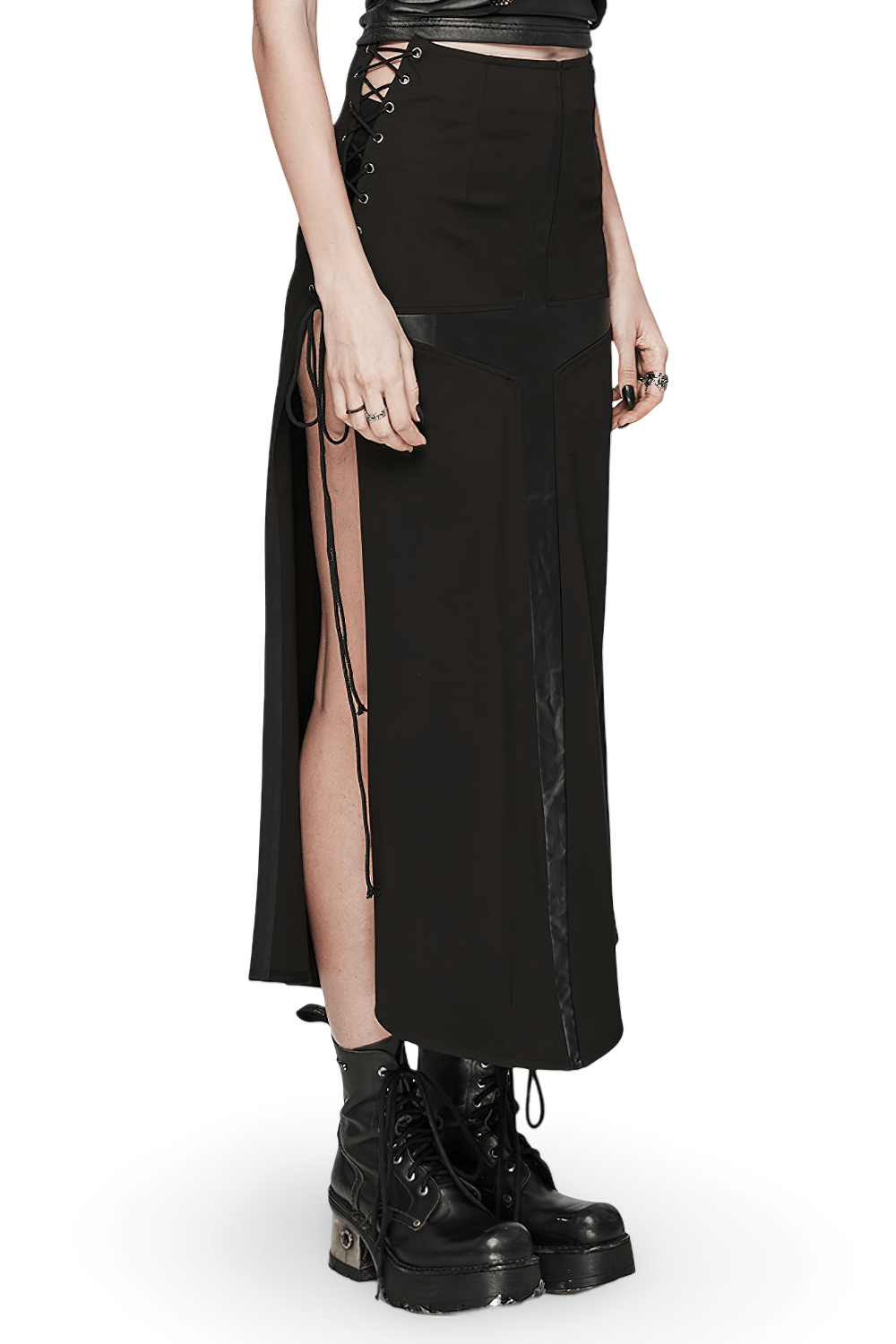 Edgy punk skirt with eyelet drawstrings and cross splice design, showcasing a unique silhouette and durable fabric.