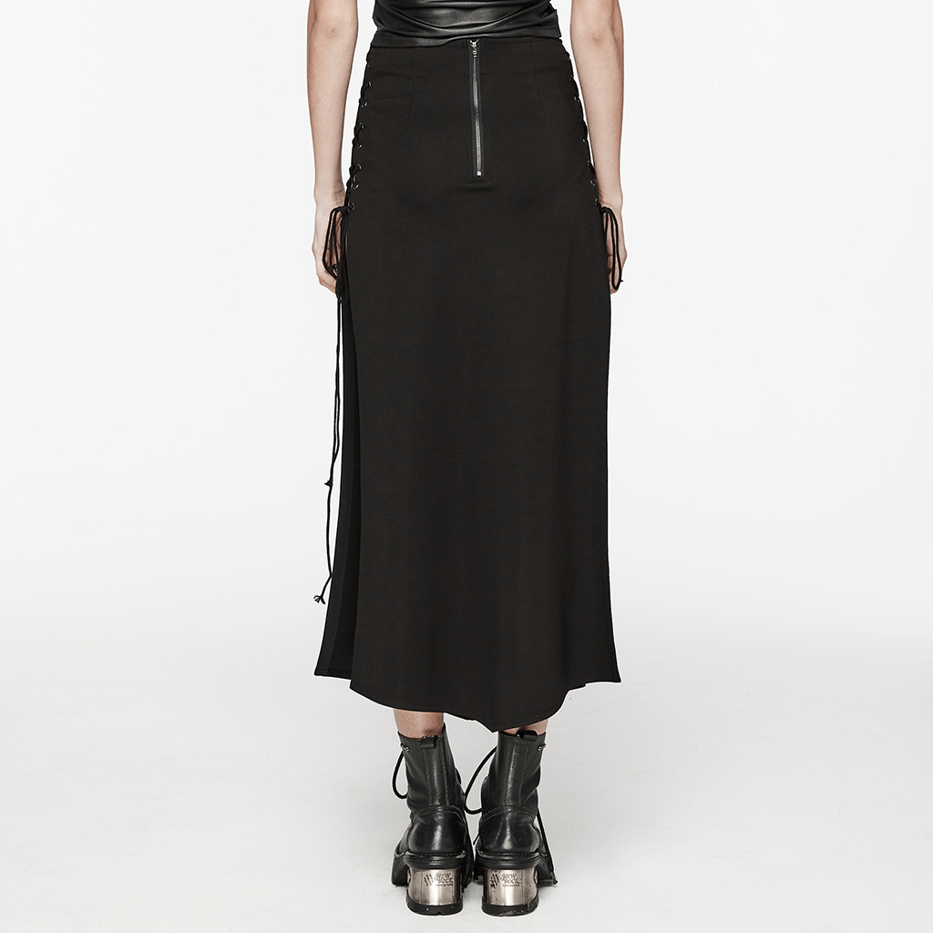 Edgy punk skirt with eyelet drawstrings and a stylish cross splice design, perfect for making a bold fashion statement.