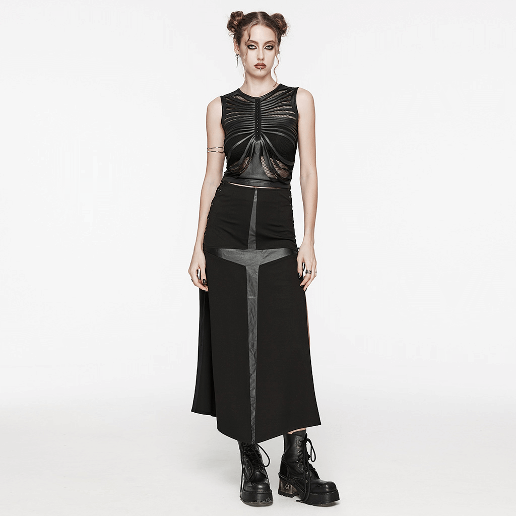Model showcasing an edgy punk skirt with eyelet drawstrings and cross splice design, paired with stylish black boots.