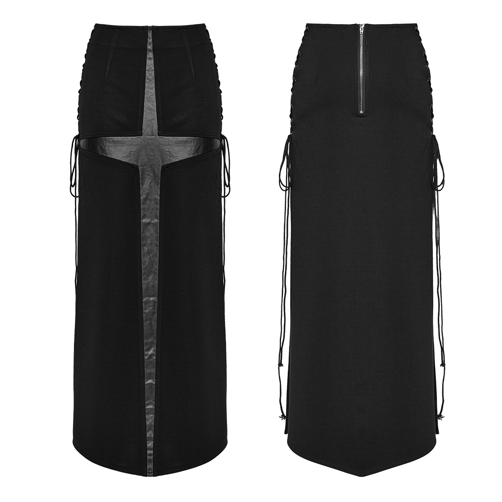 Edgy punk skirt featuring eyelet drawstrings and unique cross splice design for a standout look.