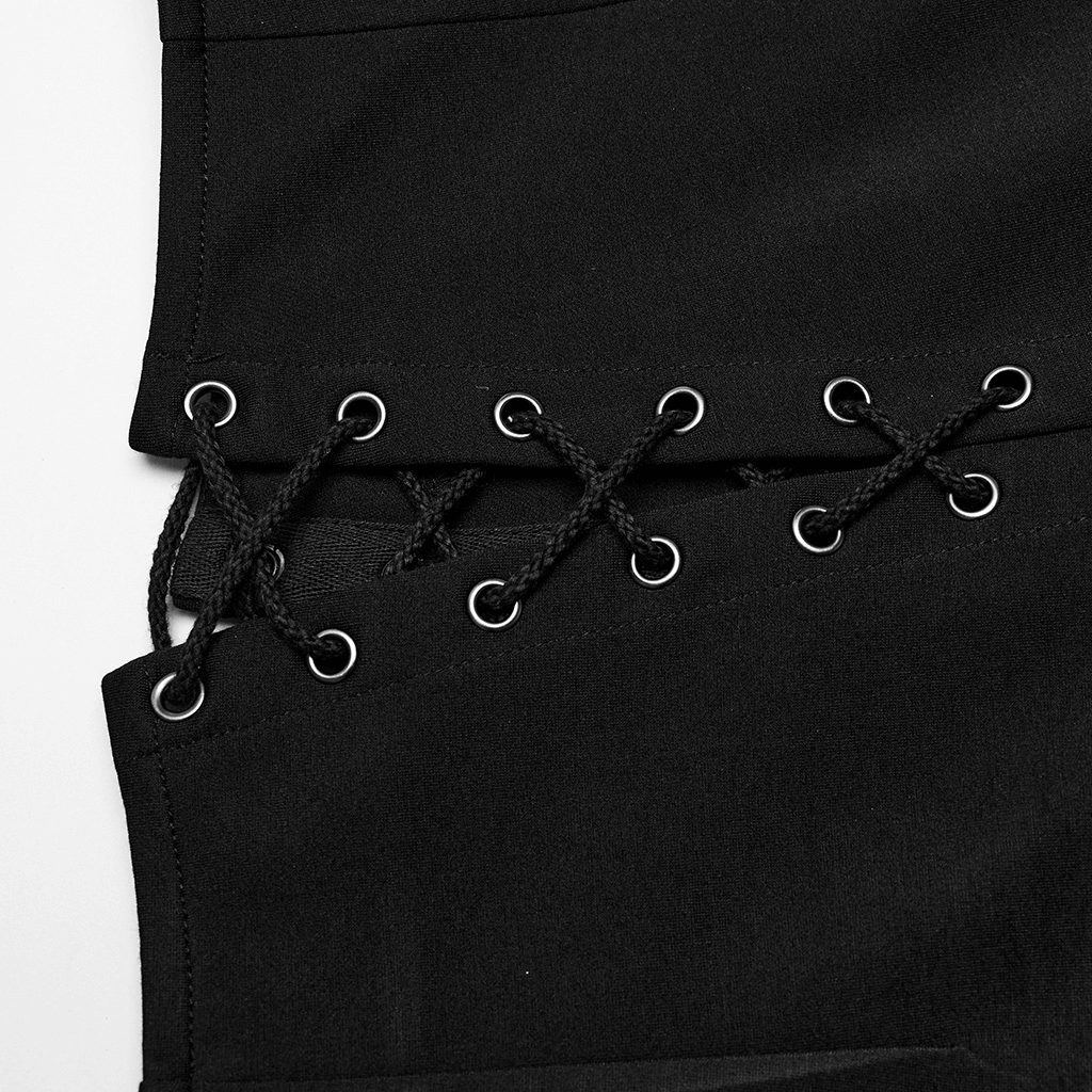 Close-up of edgy punk skirt featuring eyelet drawstrings and cross splice design for a stylish look.