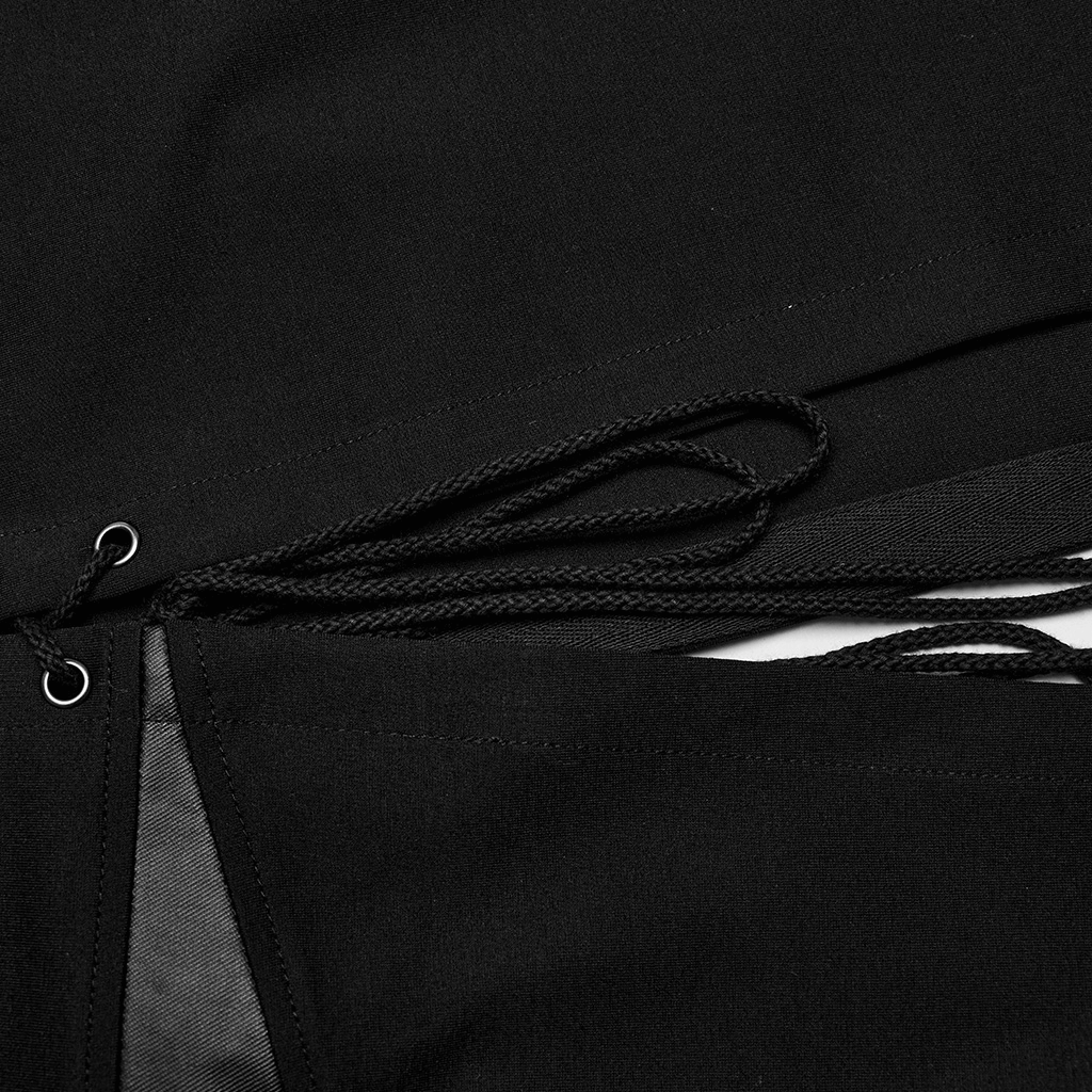 Close-up of eyelet drawstrings on an edgy punk skirt featuring a unique cross splice design.
