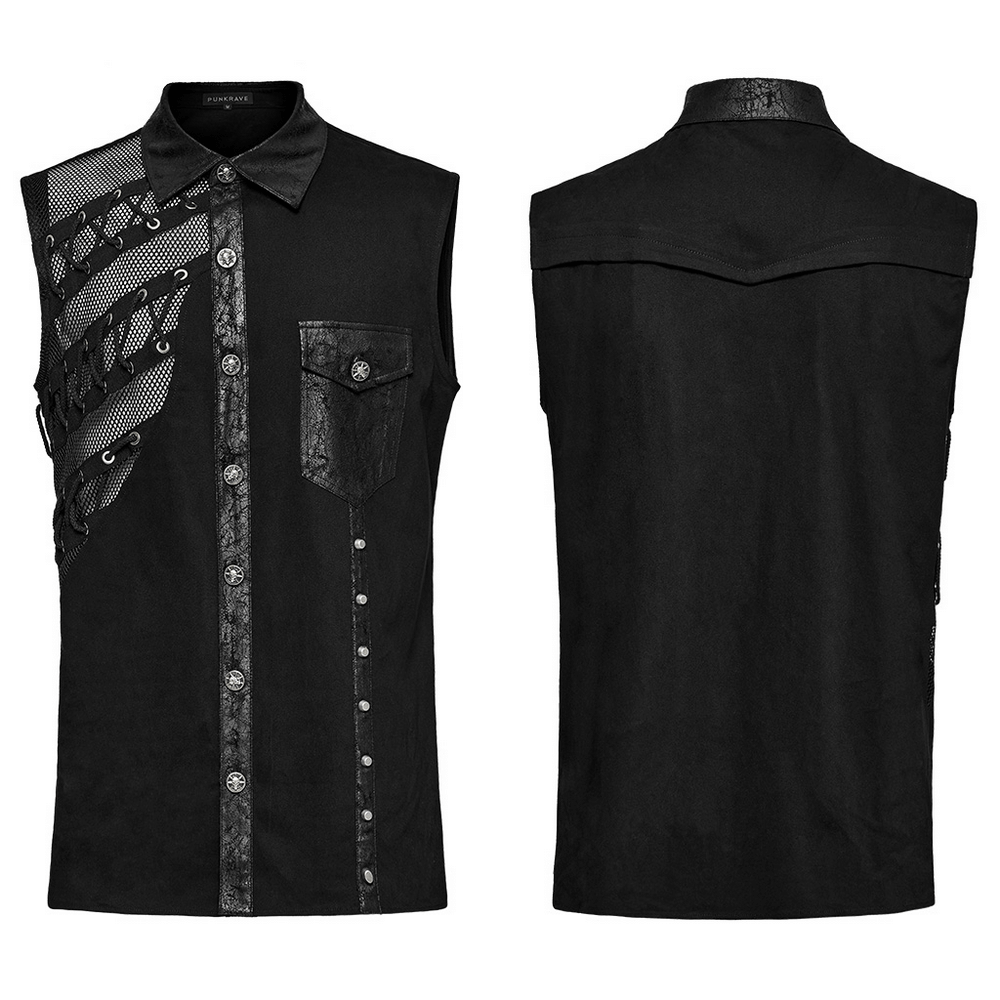 Edgy punk sleeveless asymmetric mesh shirt for men showcasing bold mesh splicing and eye-catching rivets.