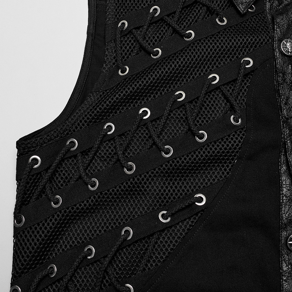 Close-up of urban punk sleeveless asymmetric mesh shirt with eyelets and rivets for a bold style.