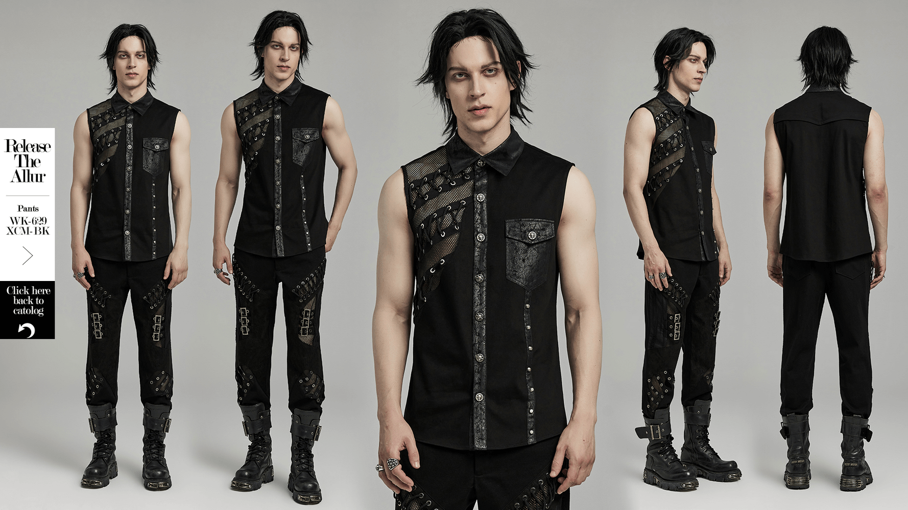 Edgy punk men’s sleeveless asymmetric mesh shirt featuring eyelets, rivets, and an engraved skull buckle, perfect for urban styles.