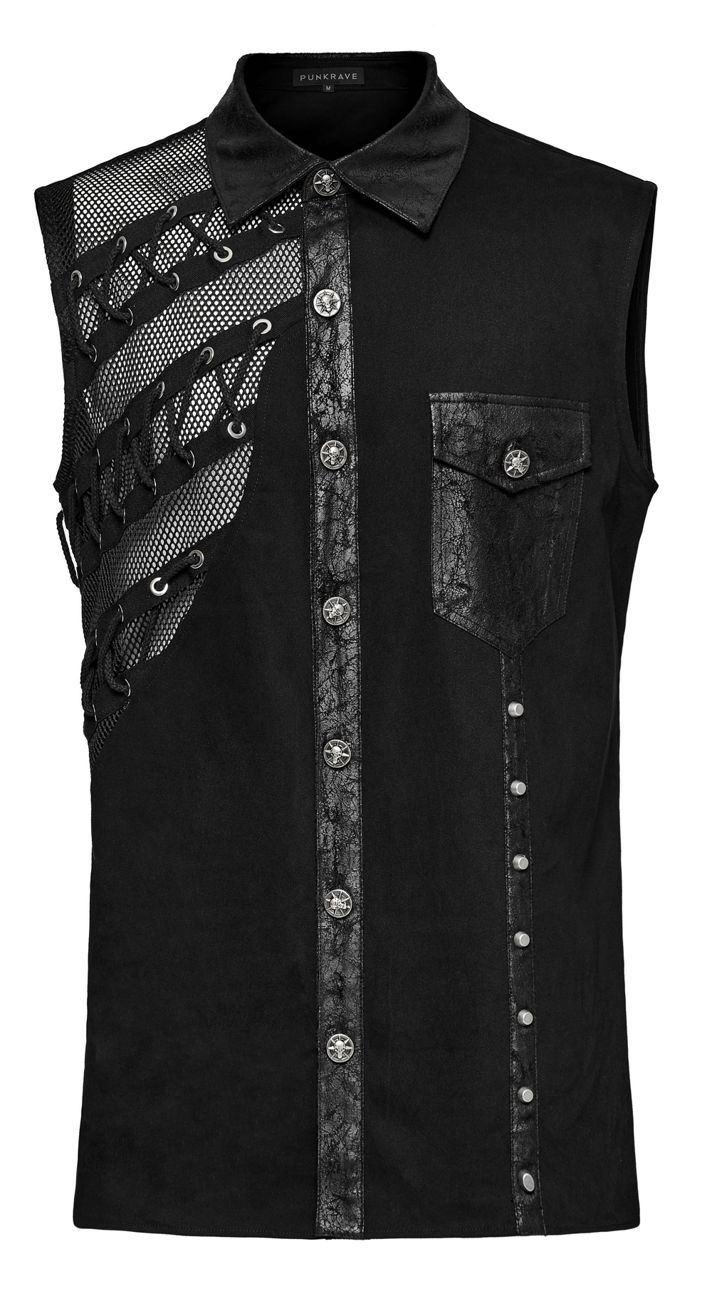 Edgy punk sleeveless asymmetric mesh shirt for men with bold mesh splicing and eye-catching details.