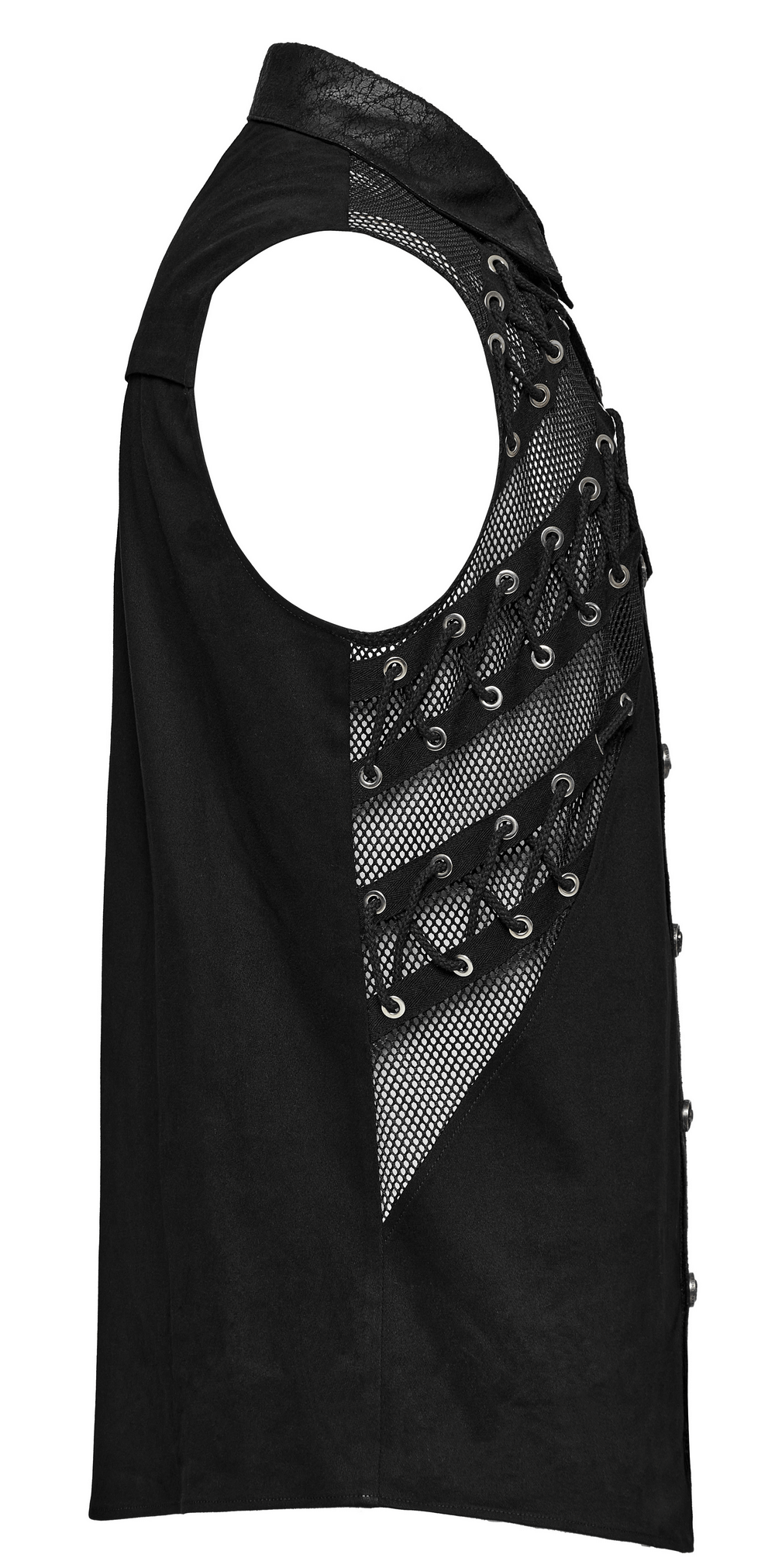 Edgy punk sleeveless asymmetric mesh shirt for men with eyelets and unique splicing, perfect for a bold urban look.