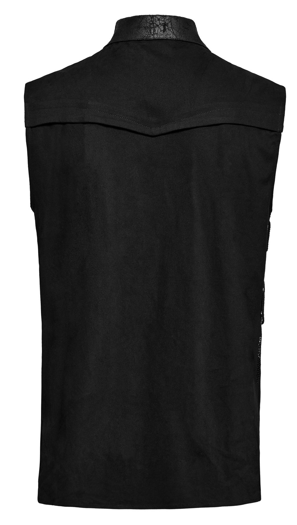 Back view of an edgy black sleeveless asymmetric mesh shirt for men, featuring unique design and urban punk style.