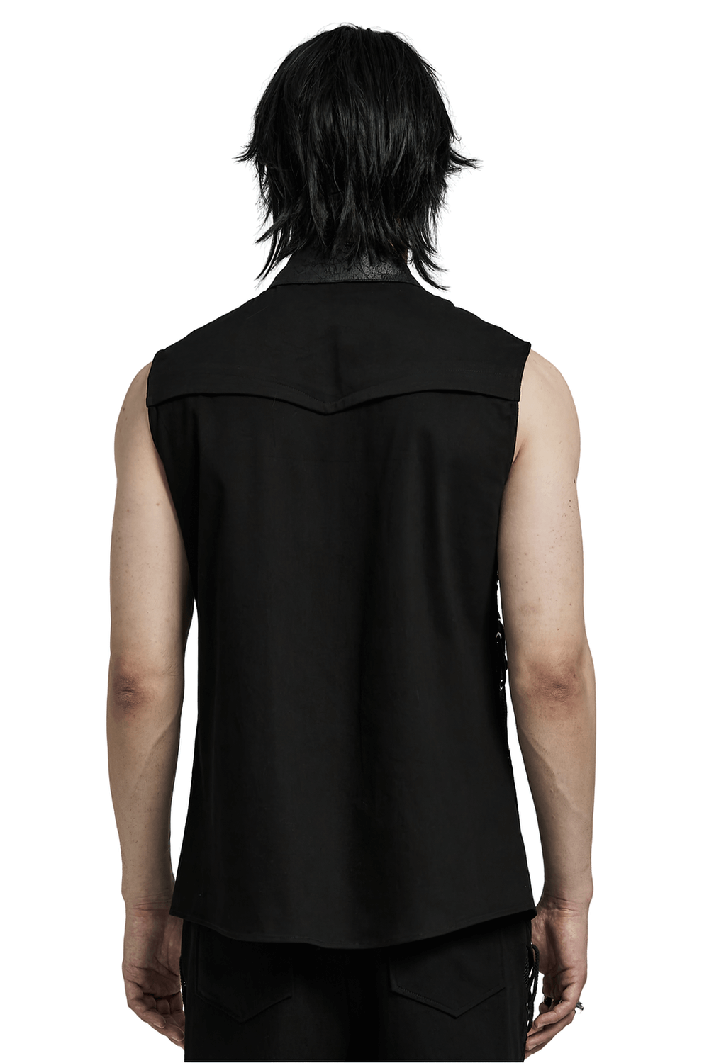 Back view of an edgy punk sleeveless asymmetric mesh shirt for men, showcasing its bold design and black color.