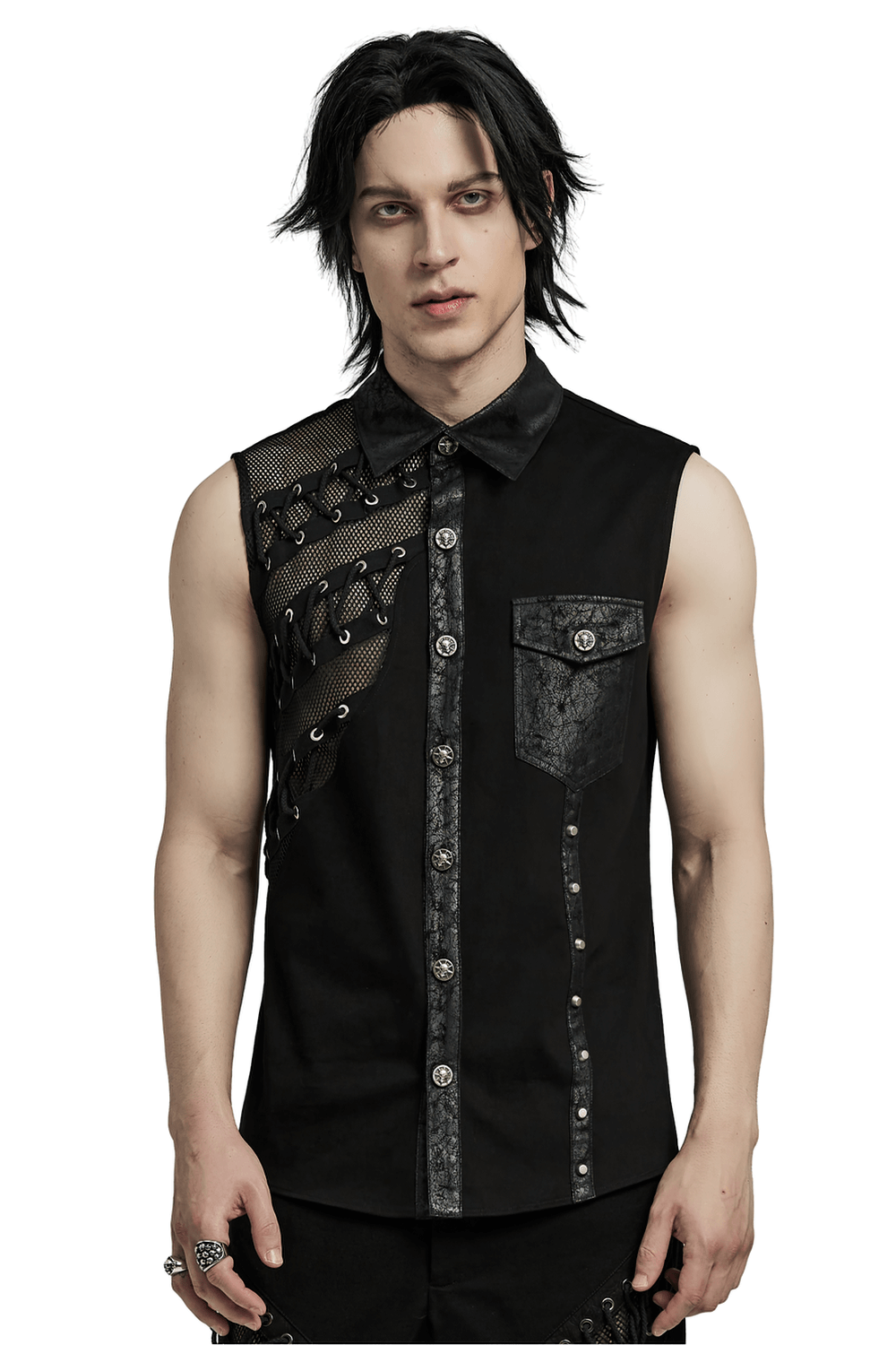 Edgy punk sleeveless asymmetric mesh shirt for men with eyelets and rivets, perfect for urban fashion.