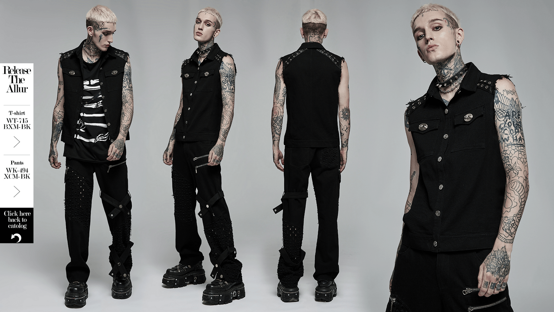 Edgy punk sleeveless twill vest with studs and metal accents on a mannequin, styled for bold daily wear.