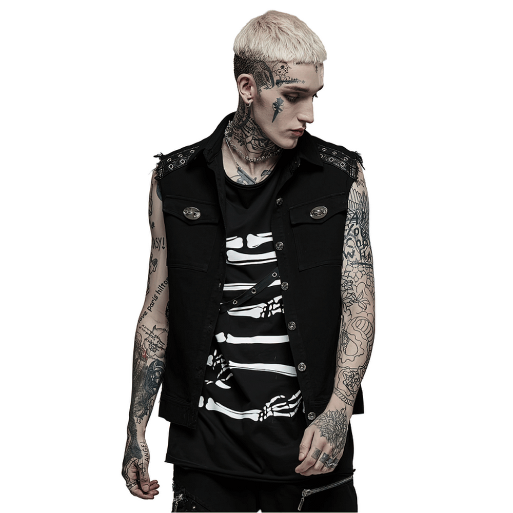 Edgy Punk Sleeveless Twill Vest with Metal Accents - HARD'N'HEAVY