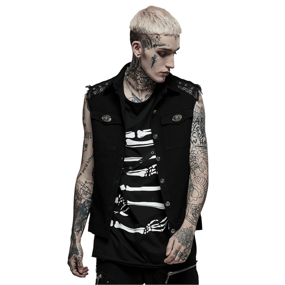 Edgy punk sleeveless twill vest with studs and stylish ghost head buckle, perfect for daily wear.