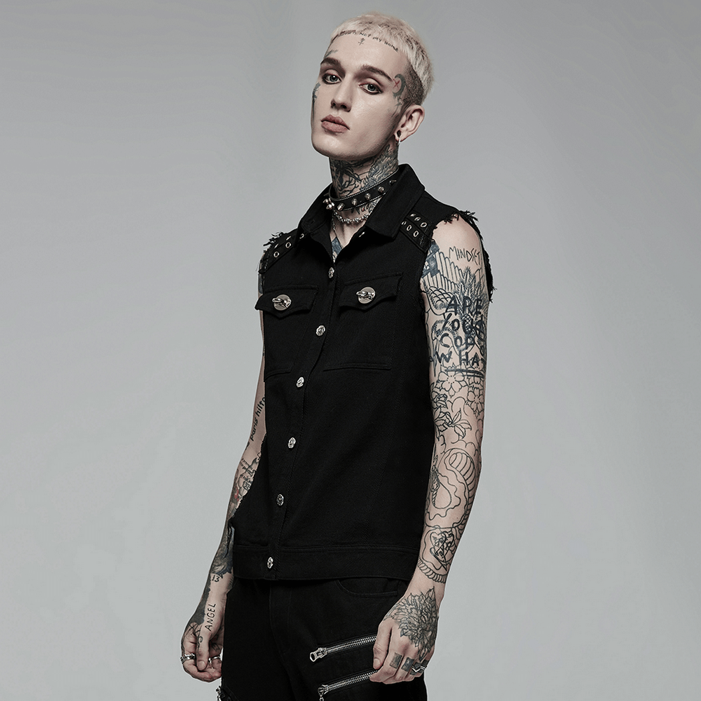 Edgy punk sleeveless twill vest with studs, showcasing a bold style and comfort for daily wear.