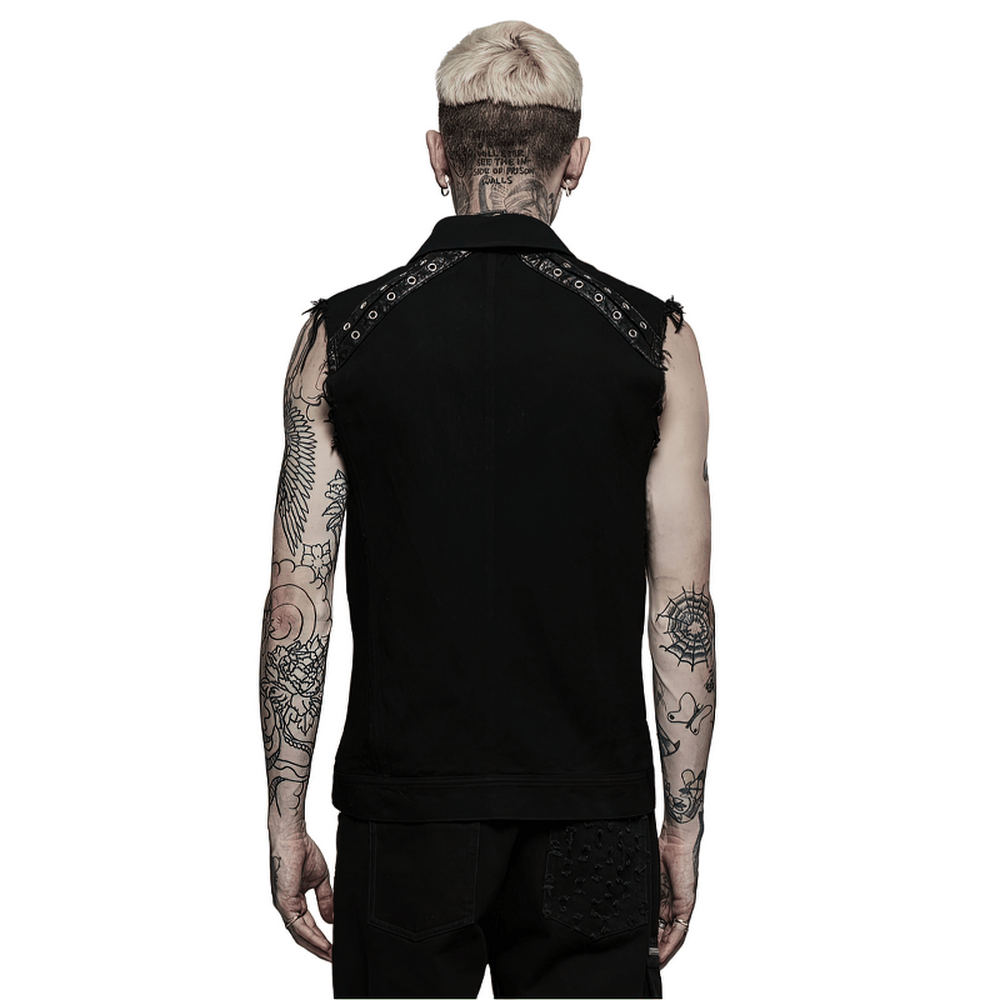 Edgy punk sleeveless twill vest with metal accents, showcasing a bold back design and tattooed model.