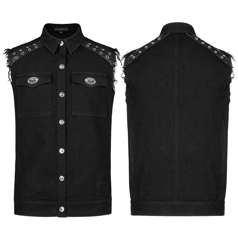 Edgy punk sleeveless twill vest with metal accents and studded detailing, perfect for bold daily wear.