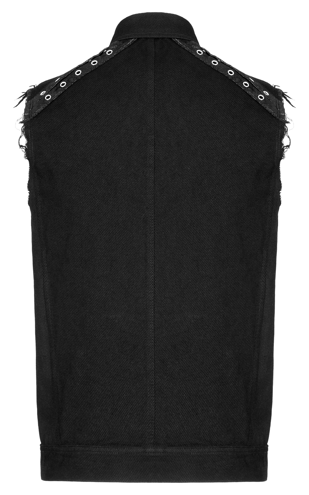 Edgy punk sleeveless twill vest showcasing studded detailing and metal accents from the back.