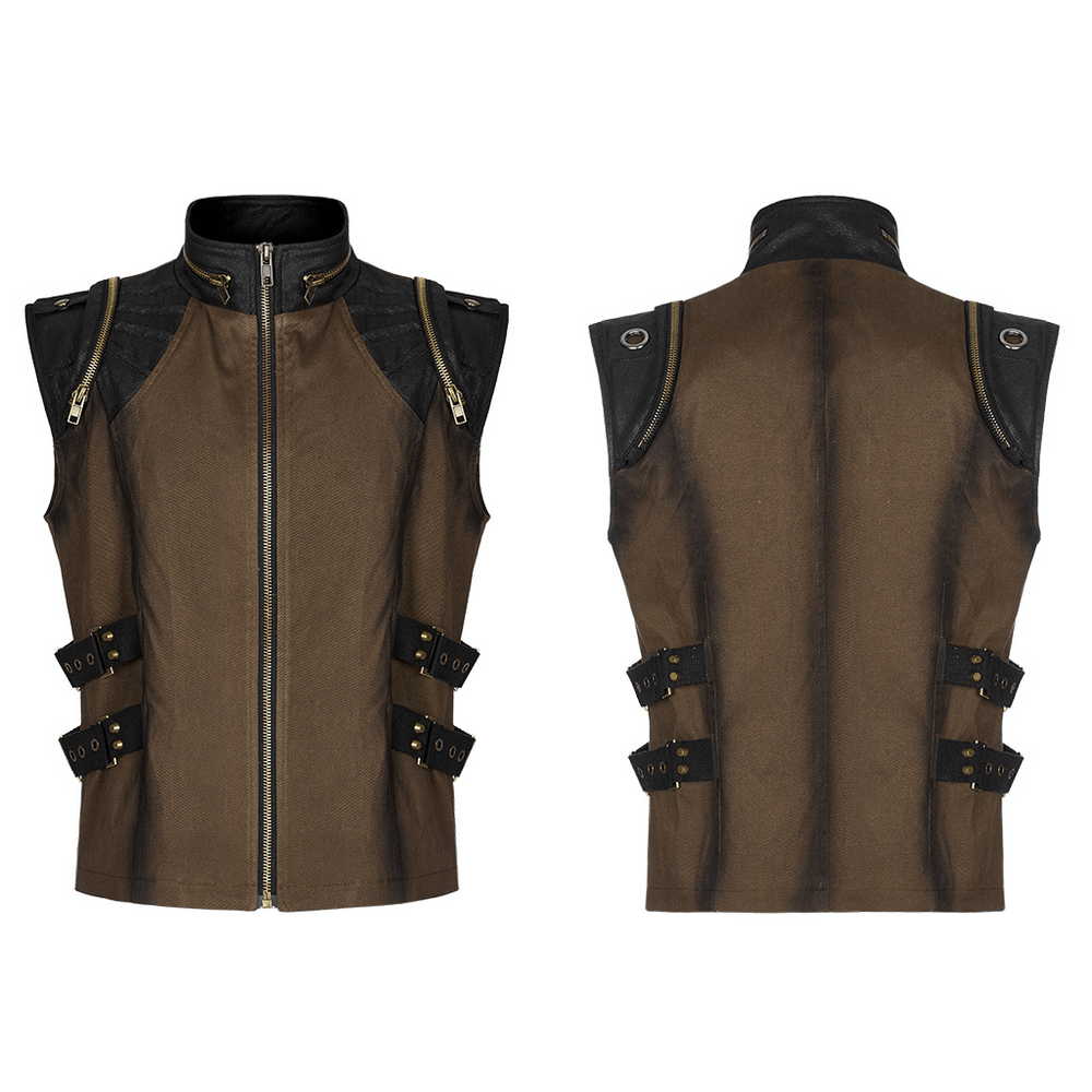 Edgy punk stand collar vest with zipper, buckles, and unique shoulder studs. Perfect for a bold style statement.