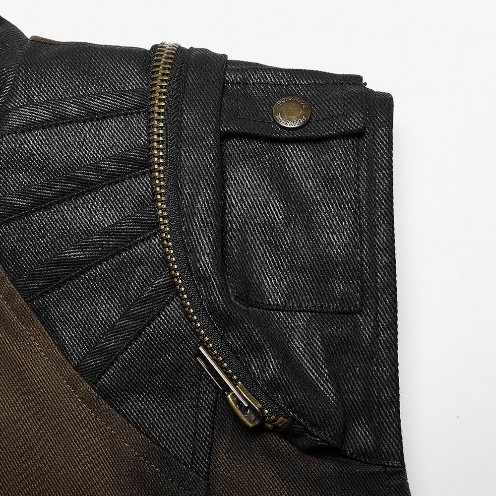 Close-up of edgy punk vest featuring zippered pocket, unique stitching, and stylish collar design.