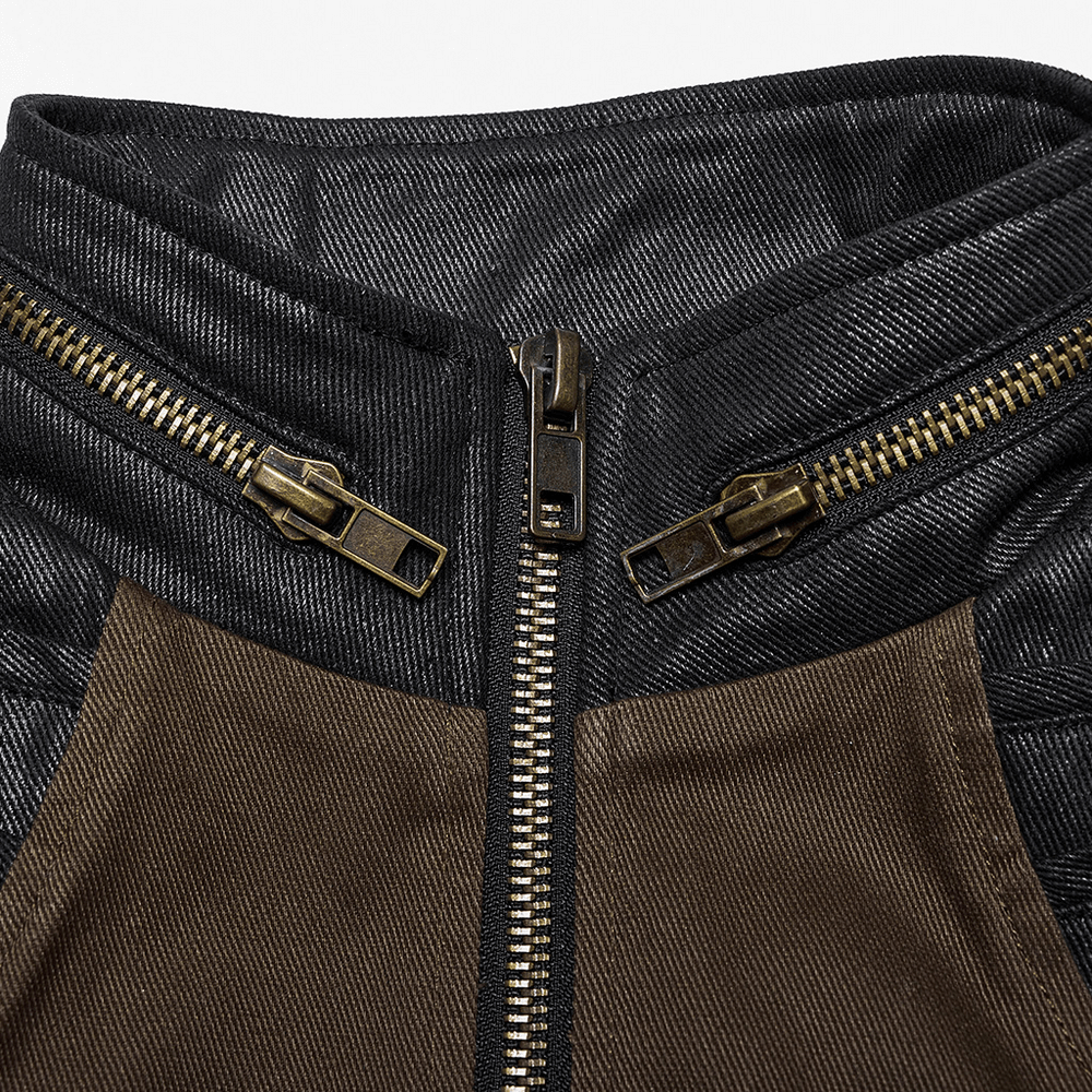 Edgy punk vest collar with dual zippers and stylish fabric details for a bold, unconventional look.