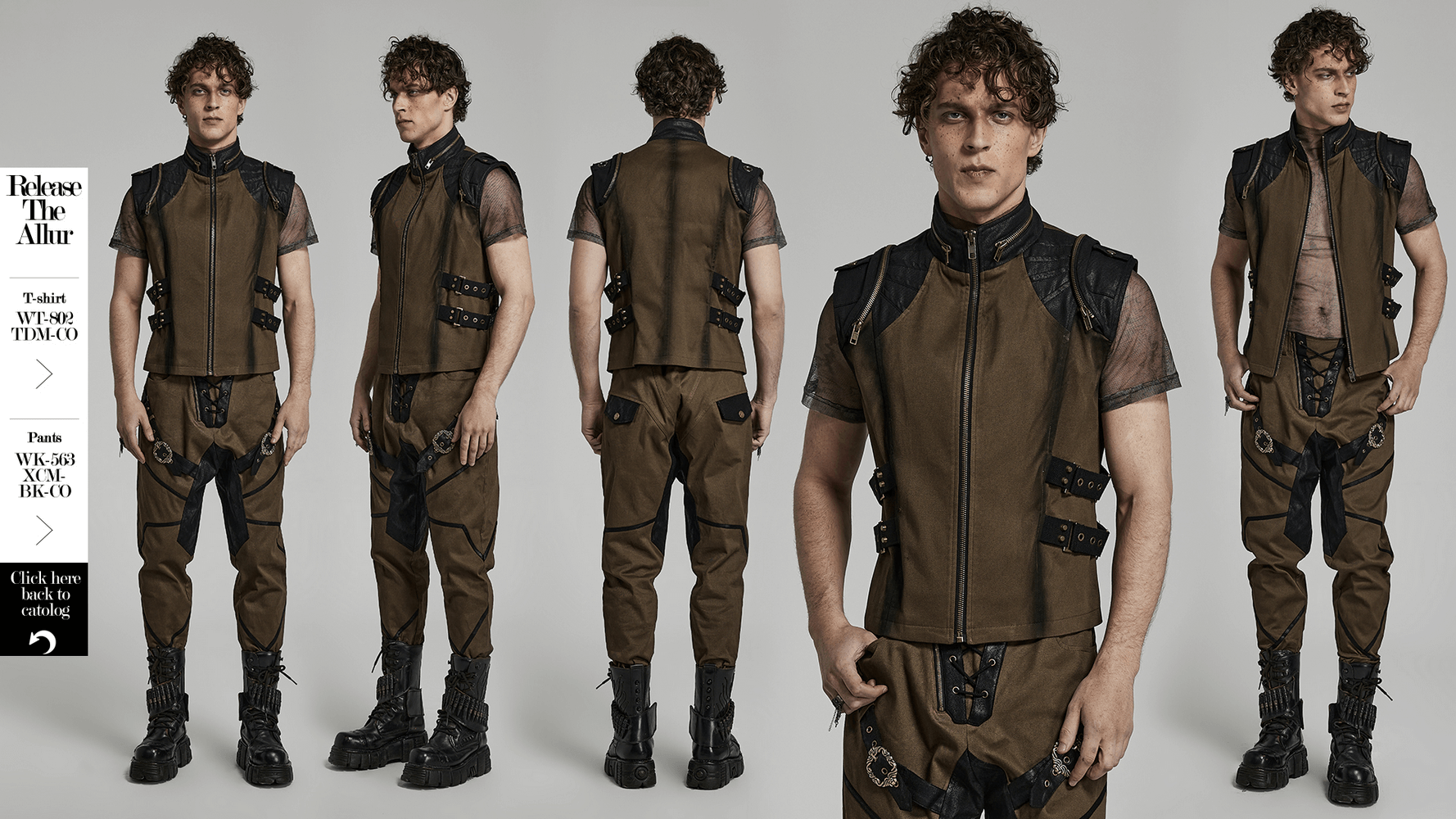 Edgy punk stand collar vest with zipper and buckles on a model showcasing bold streetwear style.