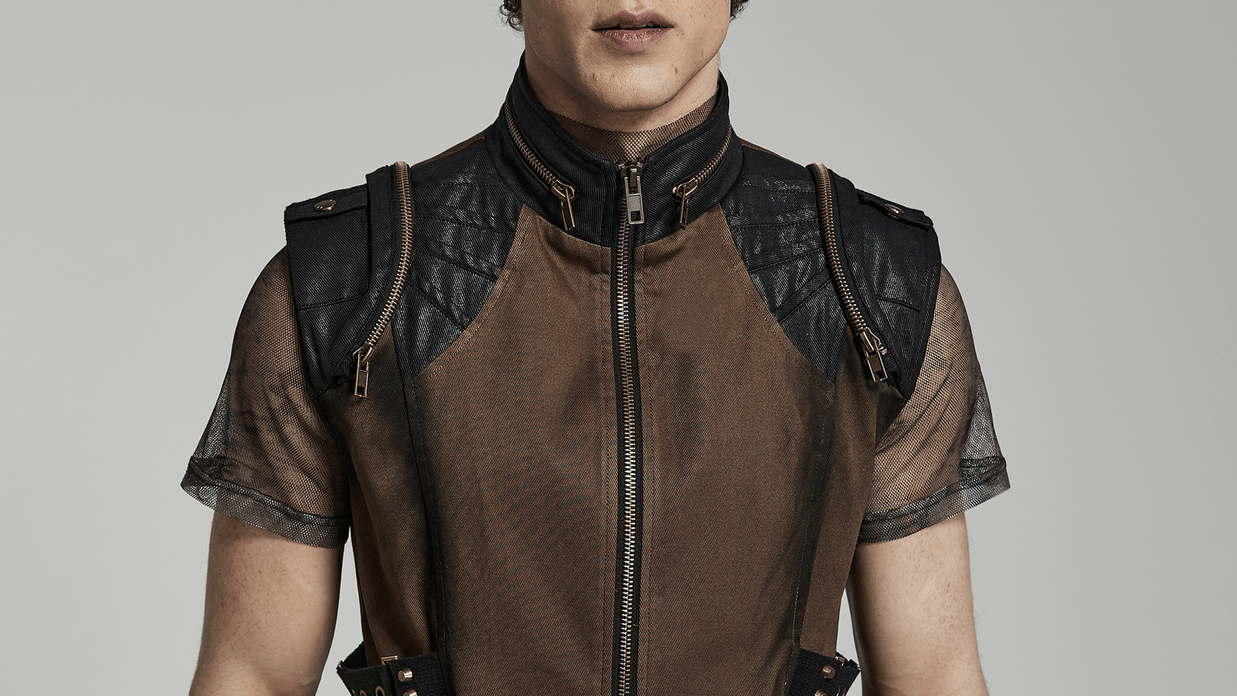 Edgy punk stand collar vest with zipper and buckles in stretch fine twill fabric, showcasing a bold and unconventional style.