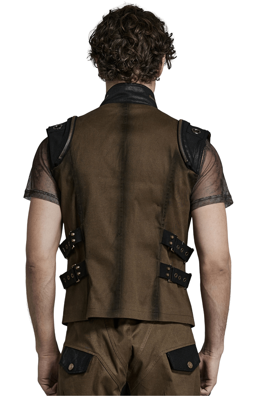 Back view of edgy punk vest with zipper and buckles, showcasing the structured design and raglan sleeves.