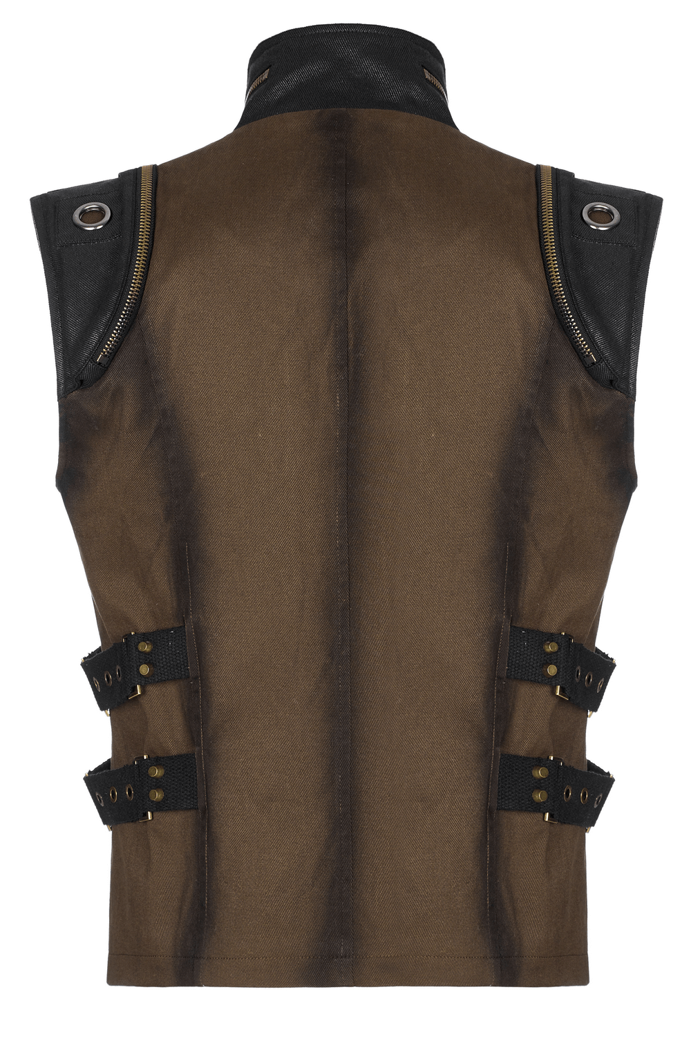 Edgy punk stand collar vest with zipper and buckles, showcasing unique shoulder details and structured fit.