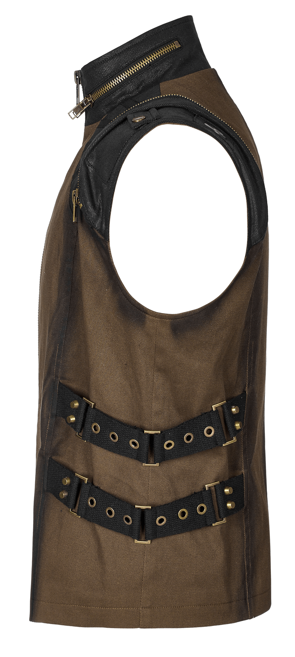 Edgy punk-style vest with zipper, buckles, and raglan sleeves in fine twill fabric.