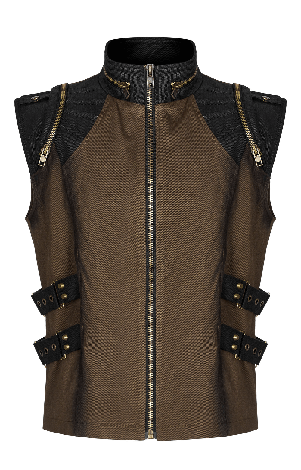 Edgy punk stand collar vest featuring zippers and bold buckles for a stylish, unconventional look.