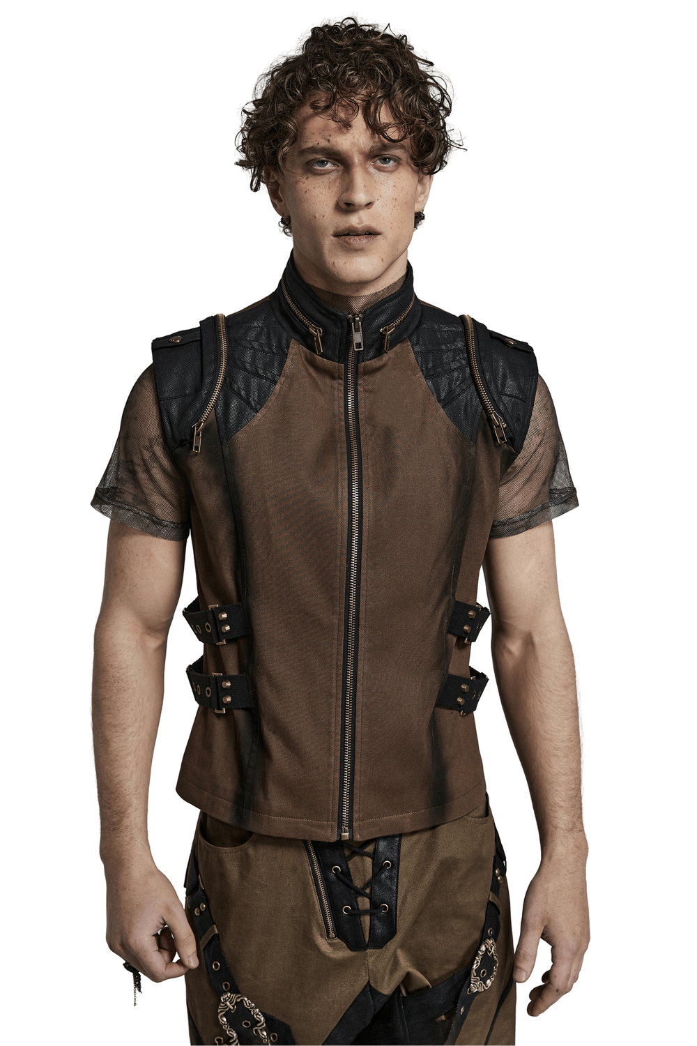 Edgy punk stand collar vest with zipper and buckles, featuring a fitted design and unique raglan sleeves.