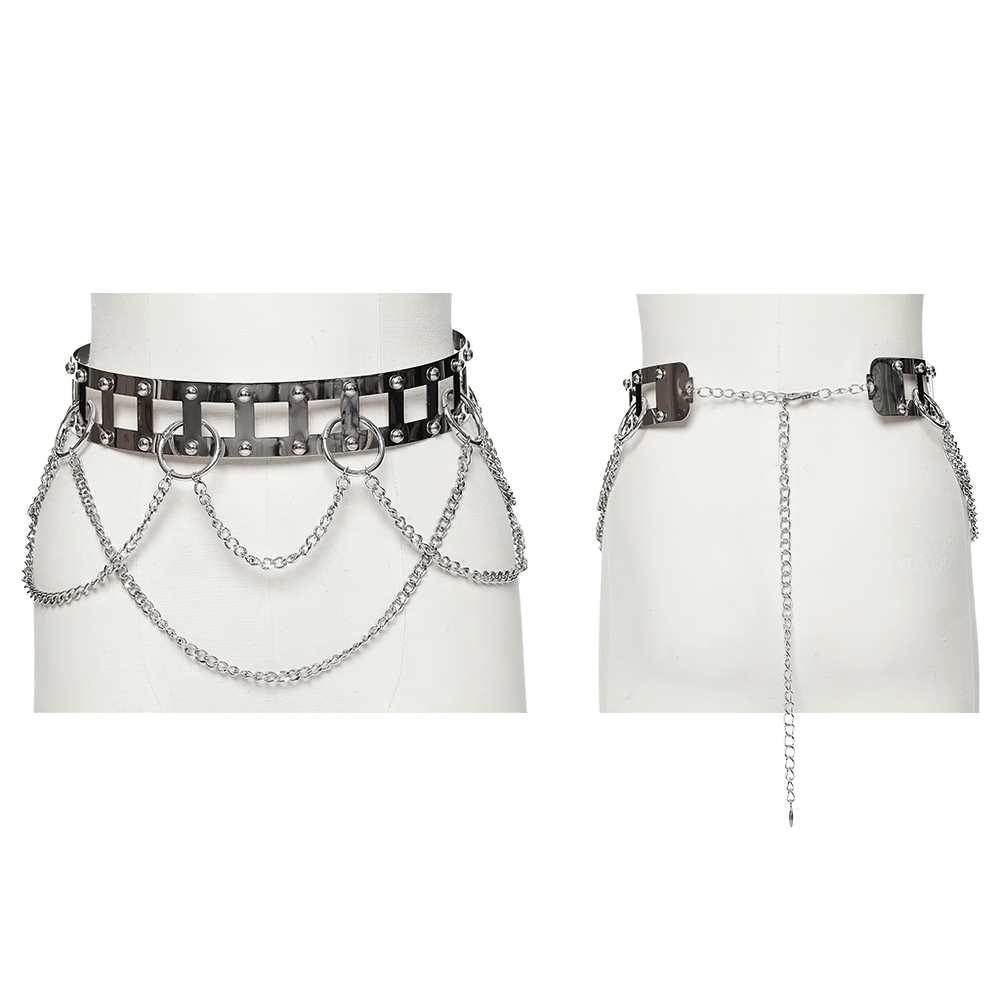 Edgy punk style silver chain belt with rivets and intricate design, perfect for adding flair to any outfit.