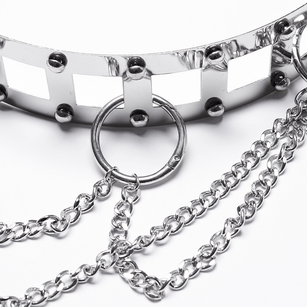 Edgy silver chain belt with rivets and rings, perfect for punk style outfits.