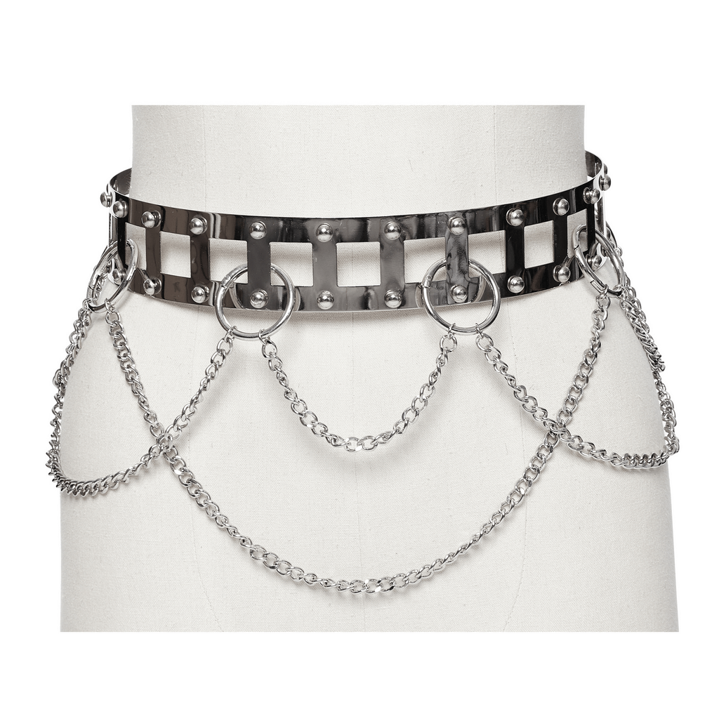 Edgy punk style silver chain belt with rivets and openable rings for a bold, individual look.