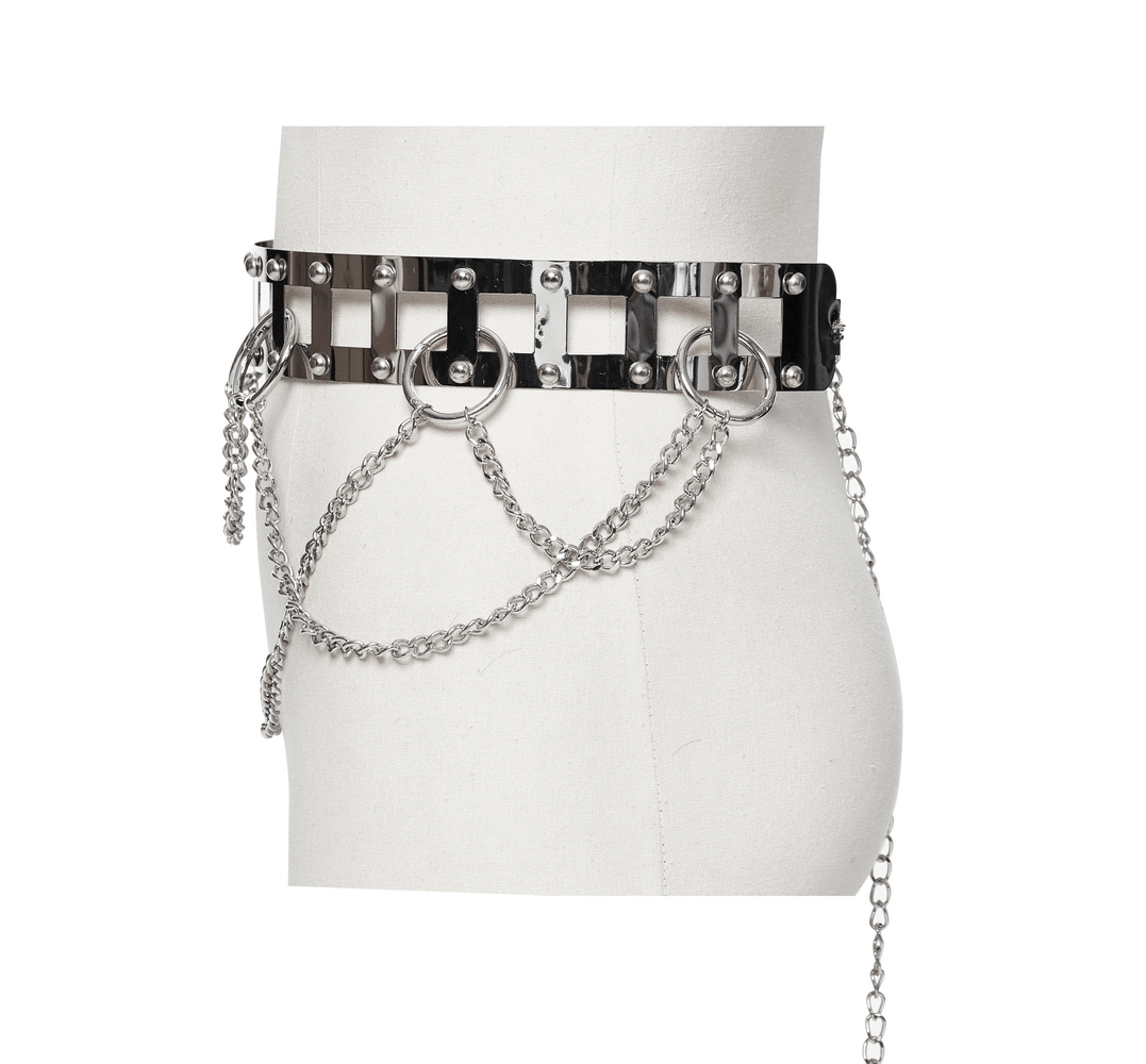 Edgy silver chain belt with rivets and openable rings, perfect for punk style outfits.