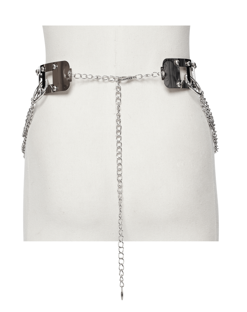 Edgy silver chain belt with rivets, showing intricate design and bold statement, perfect for punk style outfits.