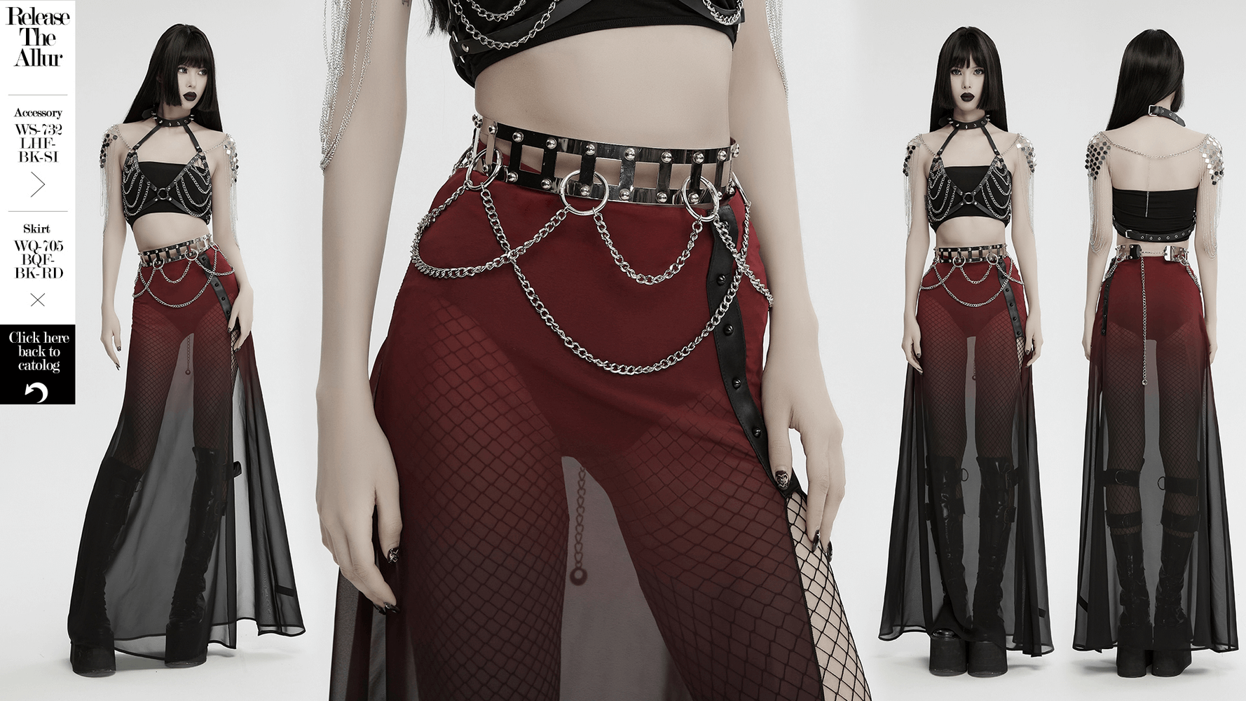 edgy punk silver chain belt with rivets and openable rings on model in sheer skirt, embodying freedom and individuality